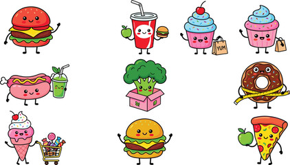 Fototapeta premium Cute Kawaii Fast Food Character Mascot Set with Burger, Pizza, Donut, Cupcake, and Ice Cream for Kids and Food Design Illustrations