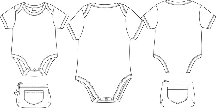 baby onesie and pouch vector illustration front back side views garment construction details fashion design template high quality professional detailed modern elegant stylish