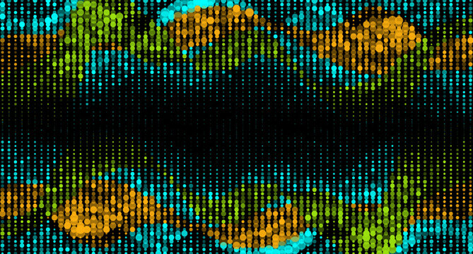 Abstract colorful halftone dot wave forming digital sound equalizer pattern on black background. Vintage grunge concept vector design