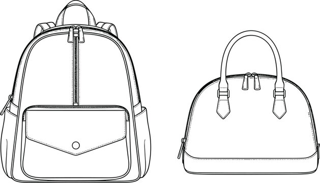 backpack and handbag front view technical drawing vector illustration high quality professional detailed modern elegant stylish clean crisp vibrant colorful digital creative innovative