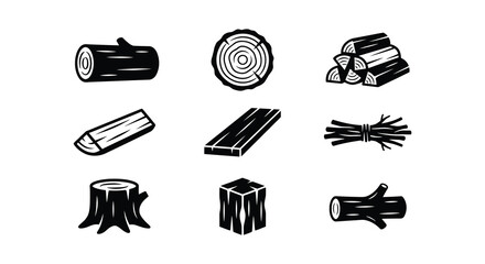 Collection of wood logs and lumber silhouettes on a white background © APIM02SN