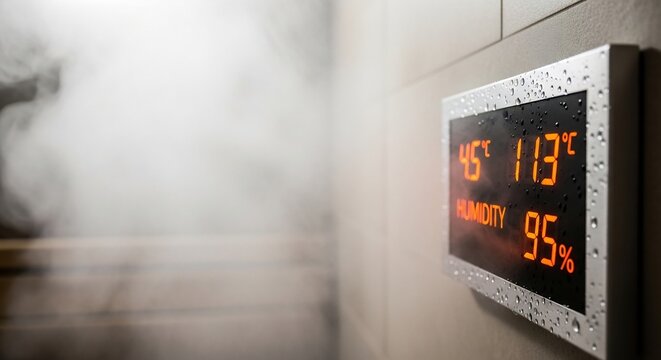 Digital Hygrometer Displaying High Humidity and Temperature in Steamy Environment.