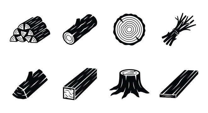 Collection of wood logs and lumber silhouettes on a white background