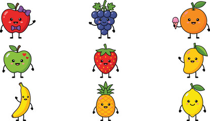 Obraz premium Cute Kawaii Fruit Character Mascot Set with Apple, Grape, Orange, Strawberry, Mango, Banana, Pineapple, and Lemon for Kids and Food Designs