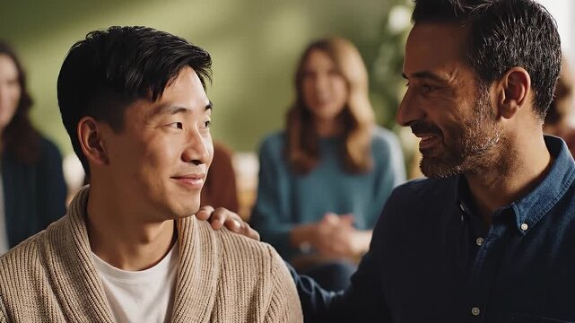 A man places a hand on a friend's shoulder during a support group meeting. The atmosphere is empathetic and hopeful. Suitable for mental health awareness or social support projects.