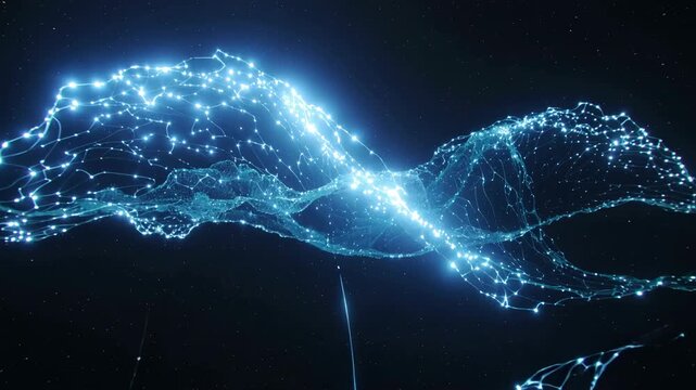 Flowing blue energy waves with glowing light trails in dark space. Abstract technology background with dynamic motion and depth.