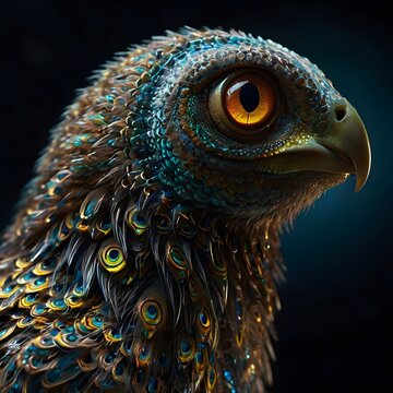Fantasy owl portrait with iridescent feathers
