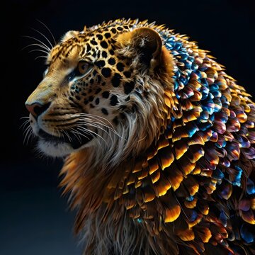 Fantasy leopard portrait with iridescent scales