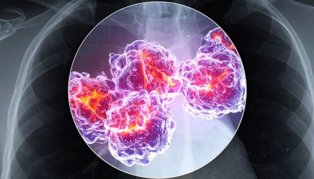 Abstract medical visualization showing glowing pulmonary nodules inside a human chest x ray, cinematic 16 by 9 widescreen composition for educational health and science healthcare illustration project