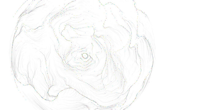 Abstract design of flowing lines and scattered dots creating a sphere against a white bac