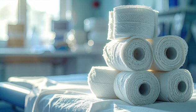 Clean medical plaster bandage rolls stacked in a pyramid arrangement on a clinical table in a bright hospital room, showcasing organized supplies ready for orthopedic care and injury recovery.