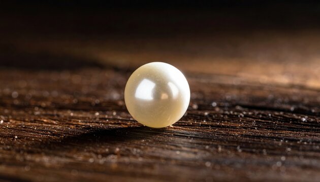 A single glowing white pearl rests perfectly centered on a rich dark polished ebony wooden surface, capturing a soft cinematic light reflection in this widescreen professional high quality photograph.