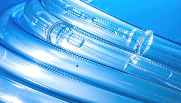 Close up of medical grade silicone tubing with plastic connectors and transparent finish on blue background. Cinematic wide view showing laboratory equipment, healthcare, and surgical supplies.