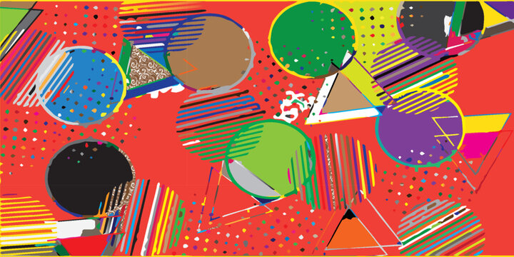 Abstract geometric pattern with colorful circles and triangles on a vibrant red background.