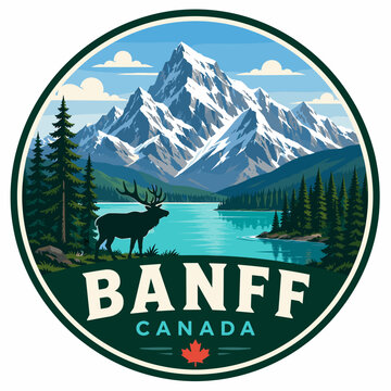 Travel badge vector for Banff with mountain, lake, pine forest and wildlife silhouette in a circular adventure tourism badge style.