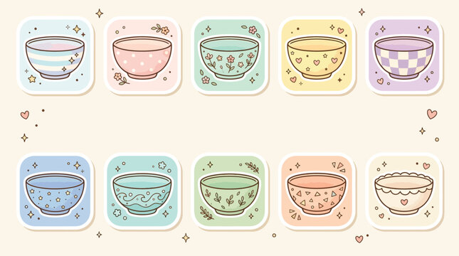 A collection of ten adorable, pastel-colored bowls, each featuring a unique, charming design, presented in a grid layout against a soft, neutral background with subtle decorative elements.