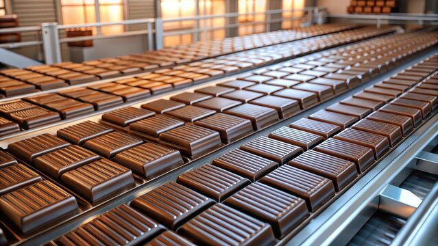 Chocolate bars being coated on production line