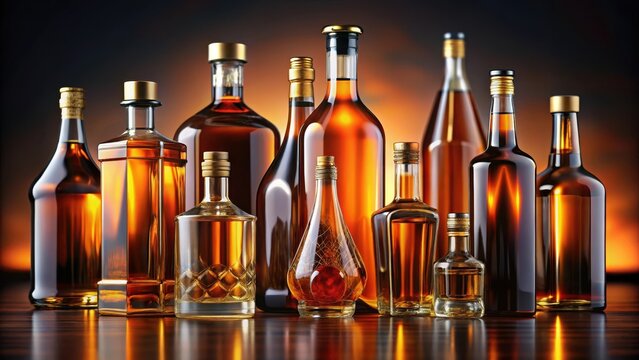 Amber liquor bottles in various shapes and sizes