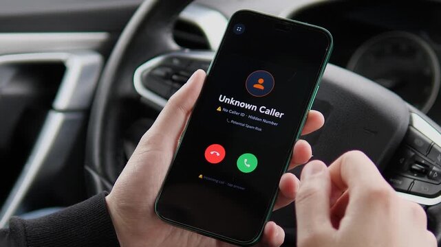 Unknown caller with potential spam risk warning on a smartphone screen inside a car. High-demand footage for cybersecurity, phone fraud, and data privacy awareness campaigns. Professional clip for