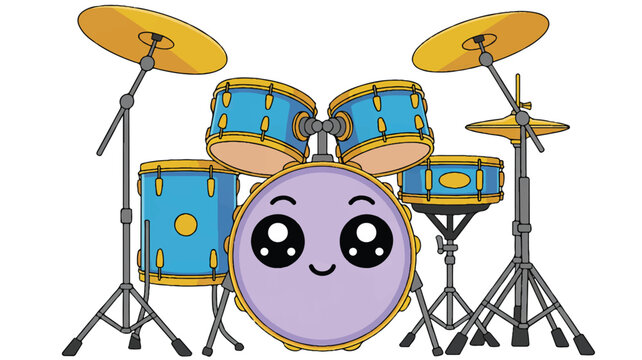 cartoon drum set with smiling bass drum and cymbals