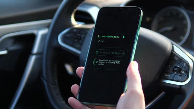 Close-up of a mobile hacking interface decrypting sensitive documents. Professional terminal UI with green code inside a vehicle. Ideal for data privacy, unauthorized access, and cyber warfare