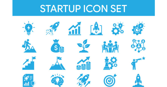 startup icon set, business icons vector, startup icons pack, rocket launch icon, growth arrow icon, business growth icons, flat ui icons set, blue icon set, cyan icons vector, modern startup graphics,