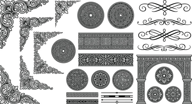 Vintage Ornamental Border Collection with Floral Corners, Decorative Frames, Circular Patterns, and Classic Engraving Vector Elements