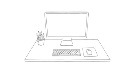 Fototapeta premium Minimalist Workspace Illustration: Desktop Computer, Keyboard & Plant