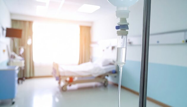 Clear intravenous fluid bag with saline solution hanging from a metallic hook in a bright hospital room, medical equipment for patient care and treatment in a clinical setting at a healthcare facility