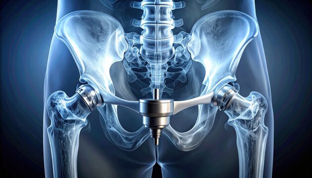 Clear panoramic digital radiograph illustrating a complex bilateral total hip replacement surgery, featuring titanium prosthetic implants integrated into the human pelvic and femoral anatomy.