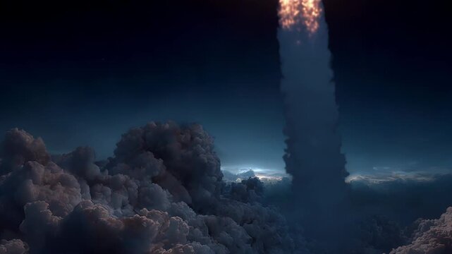Space shuttle launching into night sky with stars, outer space mission concept