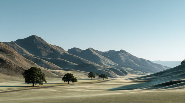Minimal mountain golf landscape with smooth rolling fairways and dramatic rocky peaks under clear blue sky, cinematic outdoor scenery featuring peaceful natural atmosphere ideal for golf, travel, 