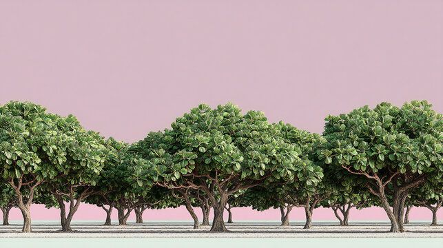 Beautiful fig orchard landscape with rows of green fruit trees against soft pink sky, artistic agricultural scenery featuring peaceful countryside atmosphere and modern eco farming aesthetic ideal