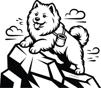 Cute fluffy dog standing on rock with backpack illustration, adventurous pet character outdoor travel concept design