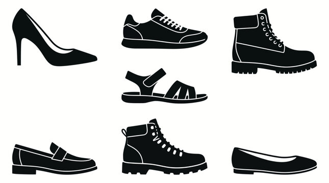 Set of various footwear silhouettes. Collection of shoes including high heels, sneakers, boots, sandals, loafers, and flats in black design.