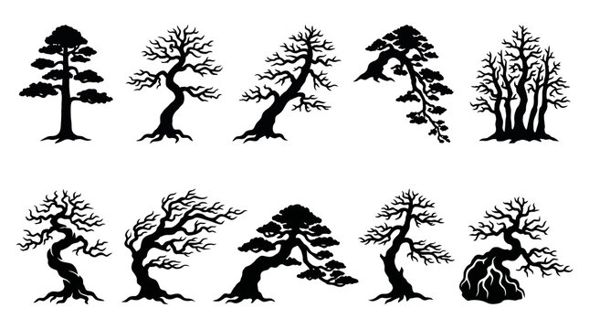 Set of bare tree silhouettes. Collection of dead, spooky, and winter trees with leafless branches and roots isolated on white background