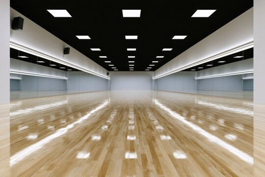 Brightly lit, empty dance studio with gleaming hardwood floor