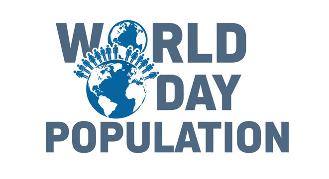 A clean blue and white poster for World Population Day with a ring of human figures encircling the world.