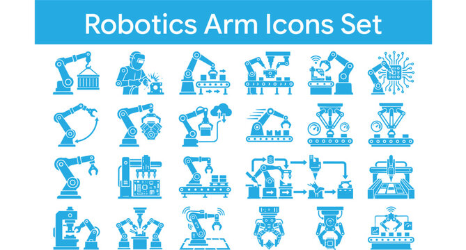 robotic arm icons, industrial automation icons, cobot icon set, scara robot icon, delta robot icon, gantry robot icon, 6 axis robot arm, pick and place robot, industrial robot vector, automation facto