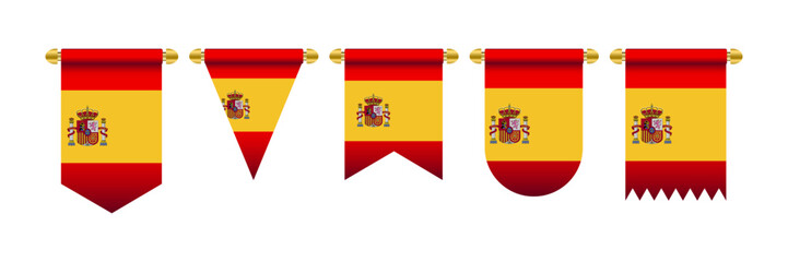 Fototapeta premium Spain banner pennant flag. Flags feature a crowned shield on a golden field. Each flag has a different shape or edge style. Perfect for celebrations, events, or patriotic displays. National flag of Sp