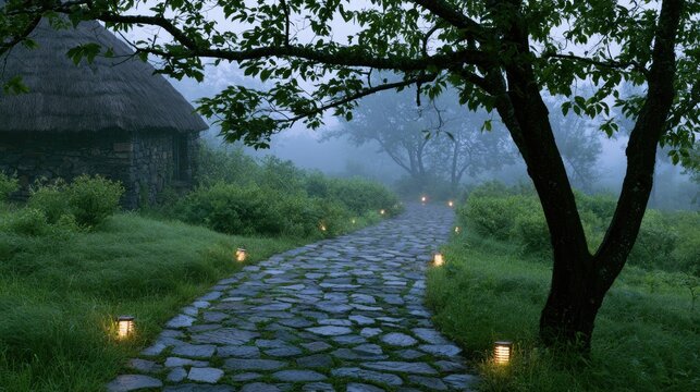 Stone path with lanterns leads to a thatched roof building in misty forest