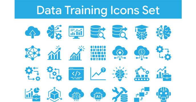 data training icons set, ai icons vector, machine learning icons, neural network icons, dataset icons, data annotation icon, ai model training icon, data pipeline icon, analytics icons set, big data i