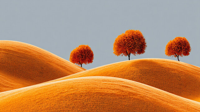 Abstract orange rolling hills landscape with stylized trees and minimalist artistic design, modern surreal nature illustration featuring warm tones and smooth textures, ideal for wallpaper, decorative