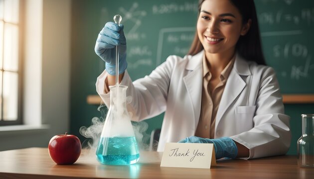 Smiling female teacher leading science experiment in classroom with blue flask and thank you note for Teacher Appreciation Week concept, celebrating education gratitude and STEM learning