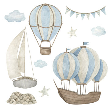 Watercolor clipart set with hot air balloon, ship, stars, clouds, newborn shower or kid birthday