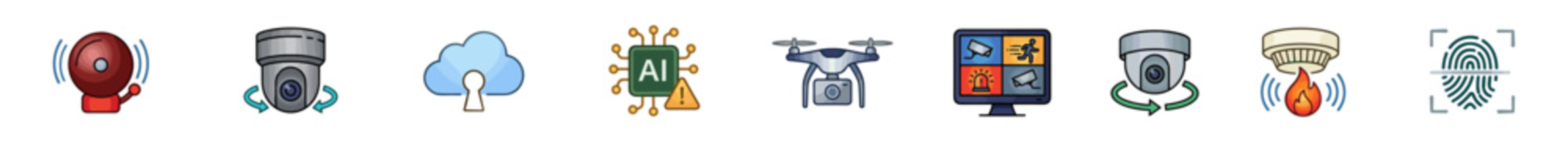 Security and surveillance vector icon set with CCTV camera, biometric scanner and smart monitoring symbols on transparent background