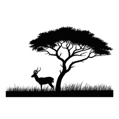 African savanna landscape with impala antelope silhouette, acacia tree, wild nature safari and grass vector © KEYARANI