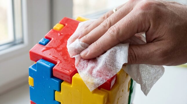 Hand sanitizing colorful interlocking building blocks with a wet wipe