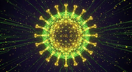 Obraz premium Digital virus molecule illuminated with glowing green and gold neon lights against a dark background with light trails. Sharp focus on central sphere for medical research marketing.