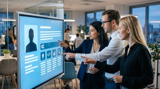 Business professionals collaborating on a large interactive digital screen displaying a profile in a modern office setting.